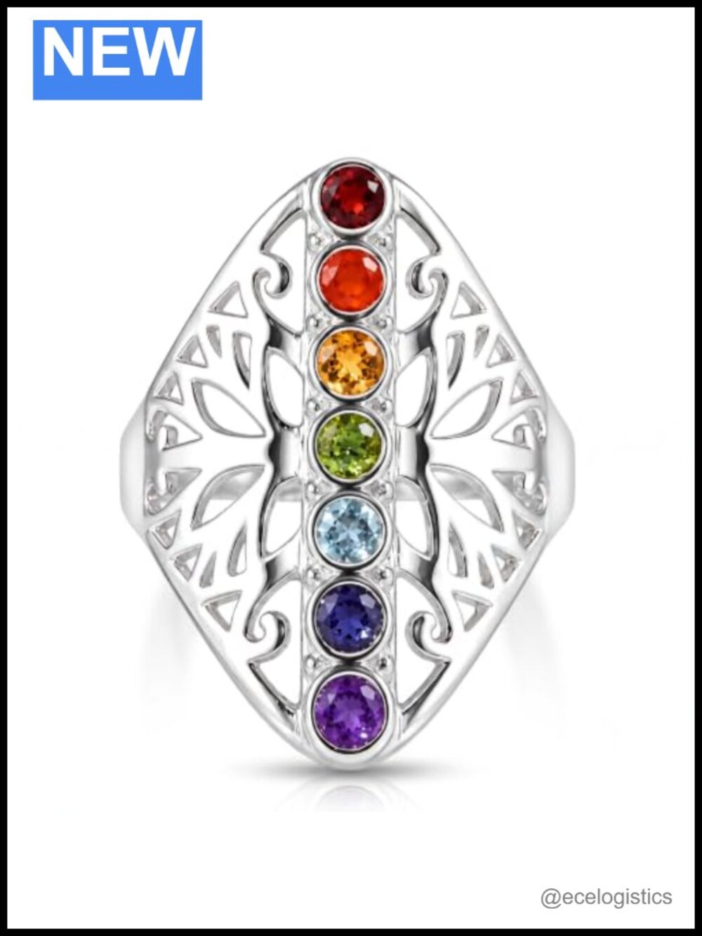 Healing Chakra 7 Gemstone 925 Sterling Silver Ring 3mm Round Band